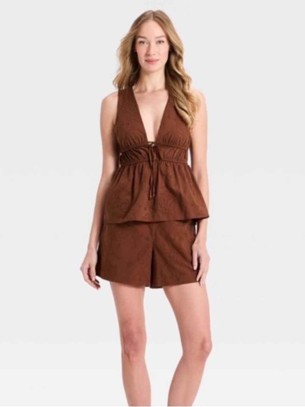 Women’s Tie Front Peplum Tank Top. Brown. XL - Picture 3 of 4